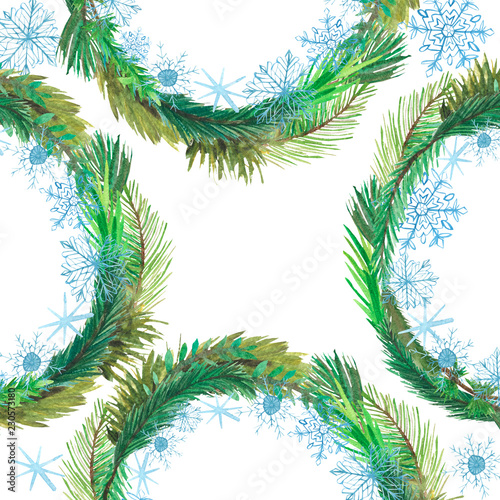 Watercolor round wreath of fir branches  snowflakes and ornaments.