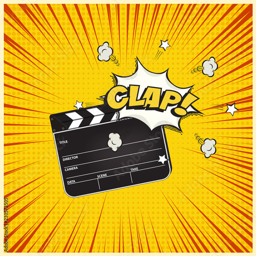 Clapperboard with Clap word speech bubble on vintage manga style background. Vector retro cinema illustration.