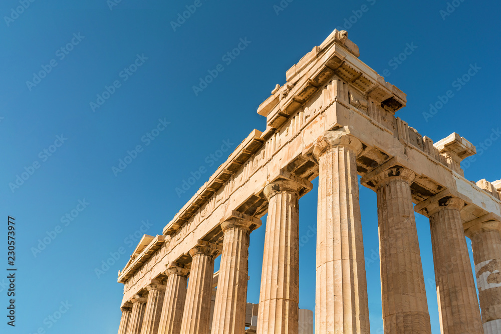 Parthenon of Acropolis close-up perspective photo. Ancient Greece major landmark.