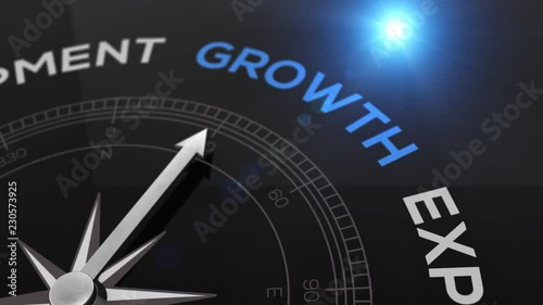 Compass with the text GROWTH right path, concept video for good direction blue shiny background