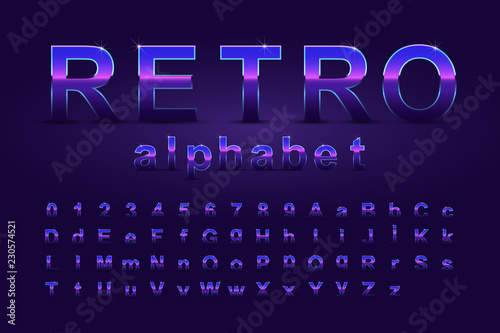 Vector alphabet. 80's retro font isolated on dark violet background