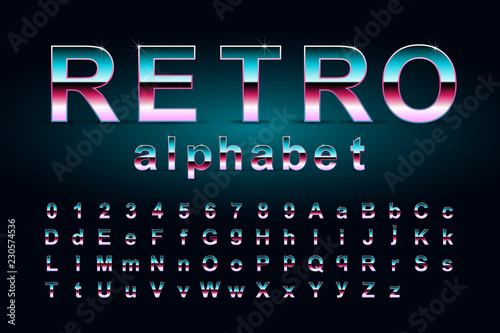 Retro alphabet. 80's style vector font isolated on dark background