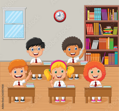 Cartoon school kids raising hand in the classroom