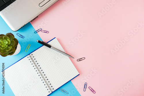 Modern freelance home workplace with a laptop,  notebook with penci on a pink office desk background. Business concept composition. Flat lay. photo