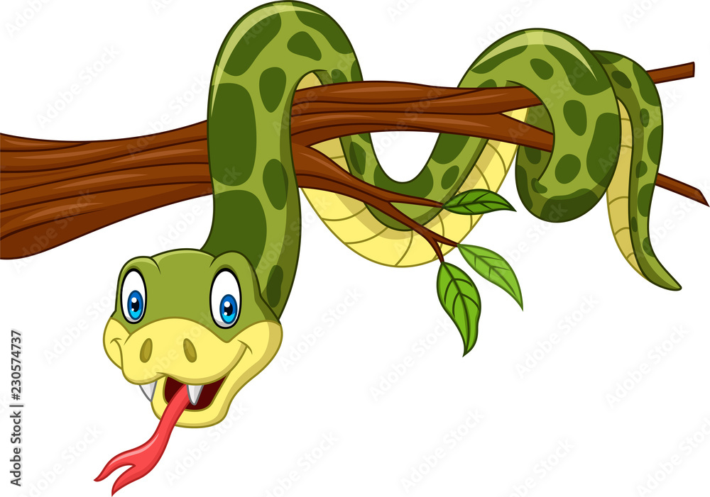 Naklejka premium Kreskówka zielony wąż na gałęzi drzewa