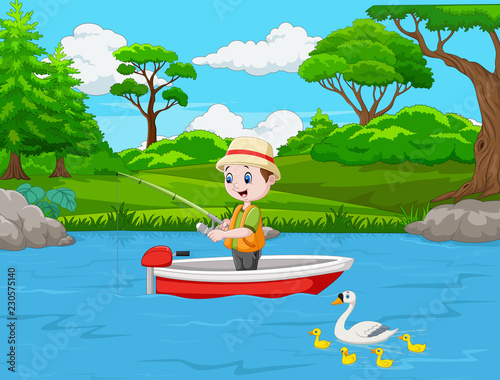 Cartoon boy fishing on a boat