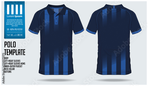 Blue polo t-shirt sport template design for soccer jersey, football kit or sport shirt. Sport uniform in front view and back view. T-shirt mock up for sport club. Vector Illustration.