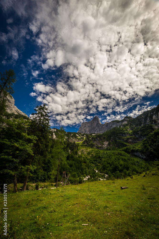 Scenic view to Dachstein from Hinterer Gosausee with dramatic blue sky and green forest near Salzburg, Austria