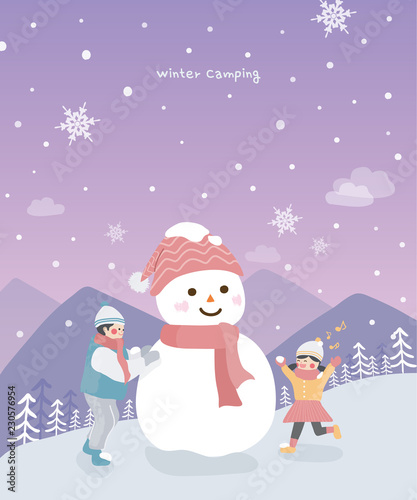 Vector illustration of new year congratulation card with winter landscape happy children playing snowman walking outdoor.