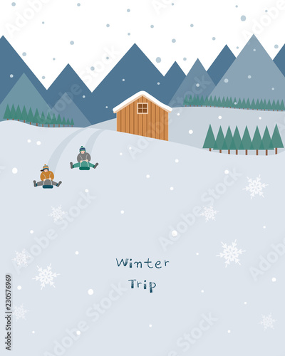A winter scene in a small snowy house and kids are riding on a snow sled. Flat design vector illustration.