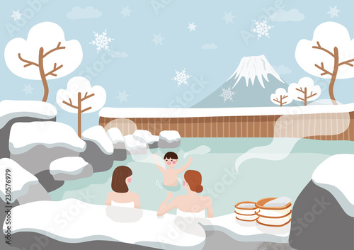 Women and kid are relaxing In hot spring, bath at Japanese on winter.