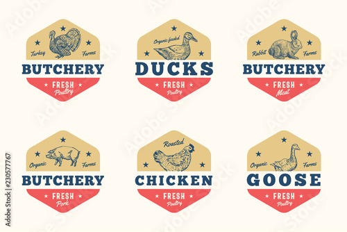 Farm Meat and Poultry Abstract Vector Signs, Symbols or Logo Templates Set. Hand Drawn Domestic Animals and Birds Sillhouettes with Retro Typography. Vintage Emblems or Banners.