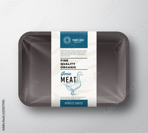Fine Quality Goose Meat. Abstract Vector Poultry Plastic Tray Container with Cellophane Cover. Packaging Design Label. Modern Typography and Hand Drawn Goose Silhouette Background Layout.