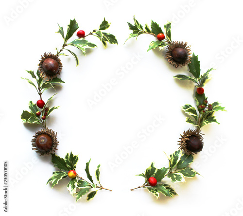 Fototapeta Naklejka Na Ścianę i Meble -  ヒイラギの葉とドングリと万両とクマタケランの実のクリスマスリース