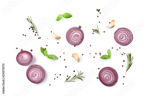 Flat lay composition with spices and herbs on white background