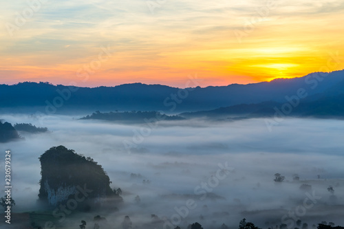 Sunrise and The Mist , Landscape at Phu Langka, Payao Province, Thailand