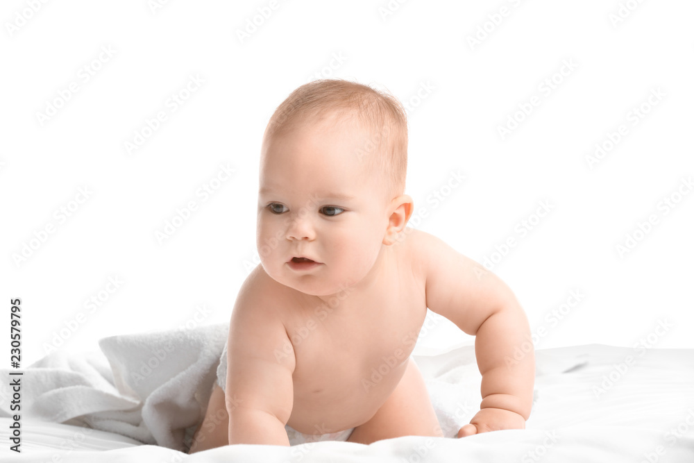 Cute little baby with soft towel on white background Cute little baby with soft towel on white background