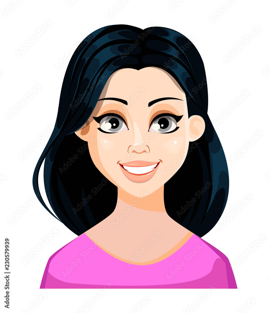 Face expression of beautiful woman with dark hair in pink blouse, smiling. Female emotion. Cute cartoon character. Vector illustration isolated on white background. Stock Vector | Adobe Stock Face expression of beautiful woman with dark hair in pink blouse, smiling. Female emotion. Cute cartoon character. Vector illustration isolated on white background. Stock Vector | Adobe Stock