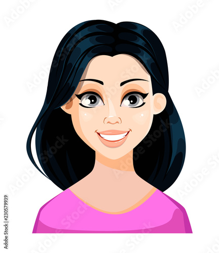 Face expression of beautiful woman with dark hair in pink blouse, smiling. Female emotion. Cute cartoon character. Vector illustration isolated on white background.