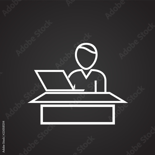 Business personnel working on computer thin line on black background icon