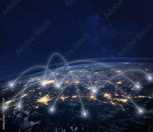 network connection technology, global business communication, planet image from NASA