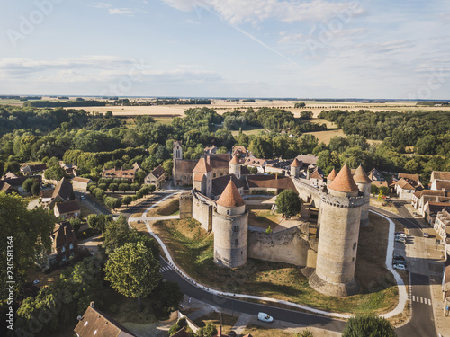 Castle Blandy les tours in France, aerial view of medieval chateau museum