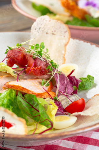 Fresh salad with chicken breast, arugula and tomato. Top view