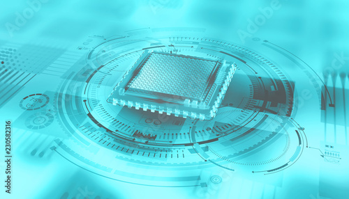 Futuristic CPU. Quantum processor in the global computer network. 3d illustration of digital cyberspace with HUD element