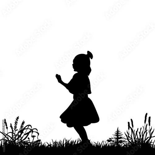 vector, isolated, silhouette of a little girl dancing in nature