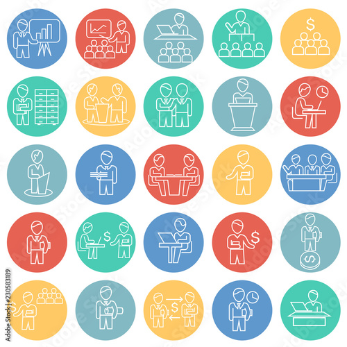 Business collaboration thin line set color circles background icons