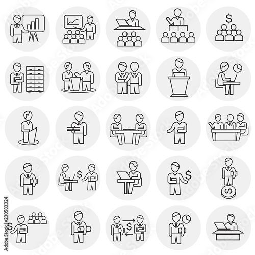 Business collaboration thin line set circles white background icons