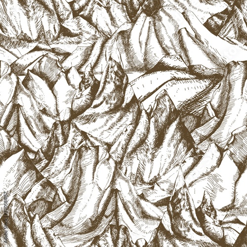 Seamless pattern with mountainous landscape hand drawn with contour lines on ...