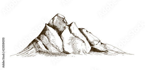 Mountain peak, top or summit hand drawn with contour lines on white background. Elegant retro drawing of rocky cliff or mount. Monochrome vector illustration in vintage etching or woodcut style.