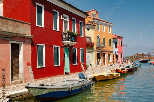 View of colorful houses and street in the Burano Venice Italy