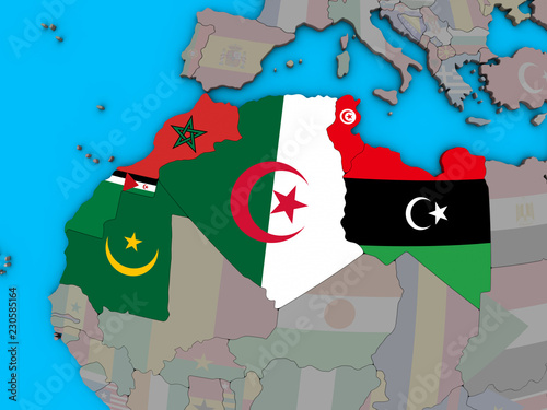 Maghreb region with embedded national flags on blue political 3D globe. photo