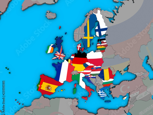 European Union with embedded national flags on blue political 3D globe.