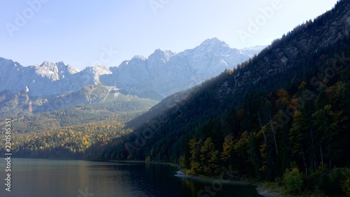 Germanys highest mountain Zugspitze; with forest in the foreground, aerial