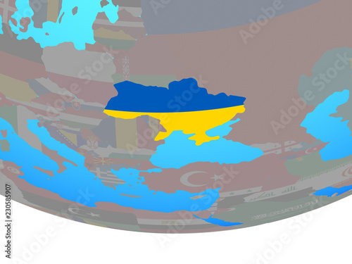 Ukraine with national flag on simple political globe.