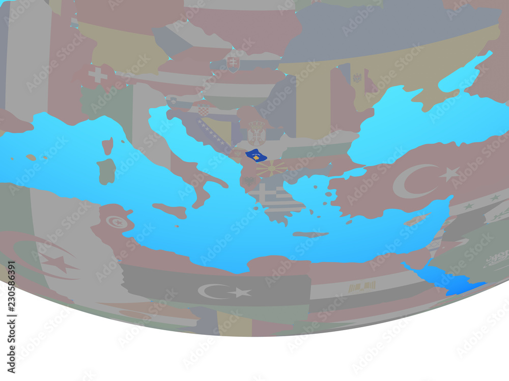 Kosovo with national flag on simple political globe.