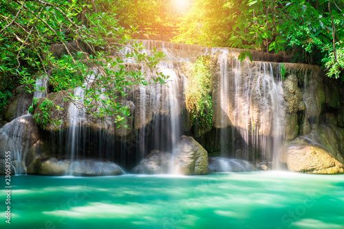 Fototapeta Naklejka Na Ścianę i Meble -  Erawan waterfall at tropical forest of national park, Thailand 