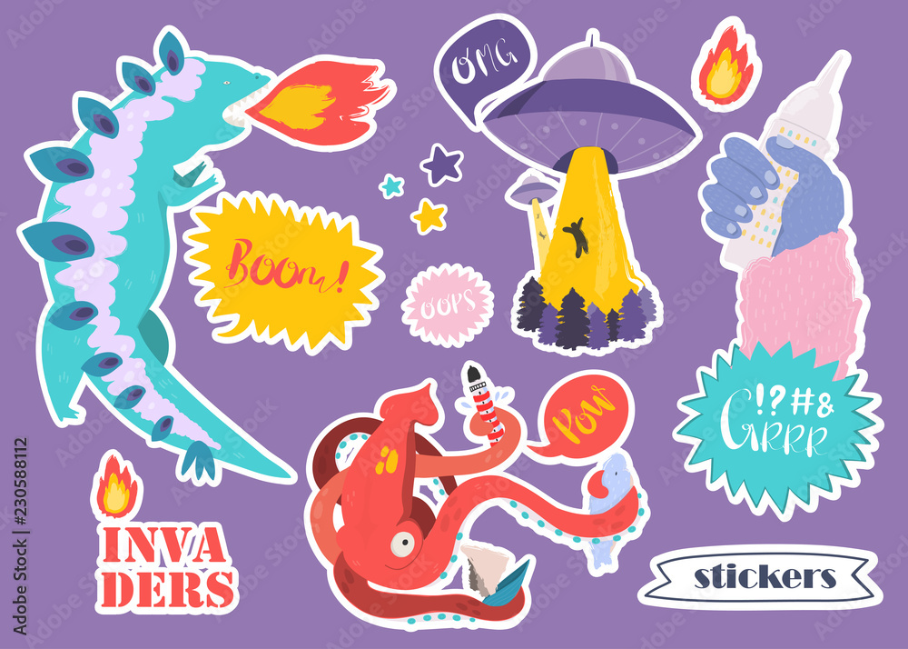 Hand drawn various monsters and space invaders. Colored vector set of trendy stickers. All elements are isolated