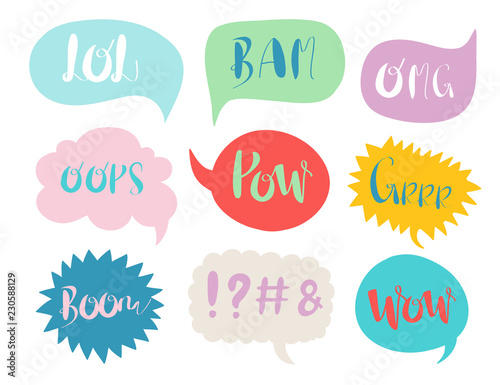 Various speech bubbles. Hand drawn colored vector collection. All objects are isolated