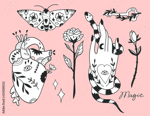 Hand drawn various magic objects. Traditional tattoo style. Graphic vector set. All elements are isolated