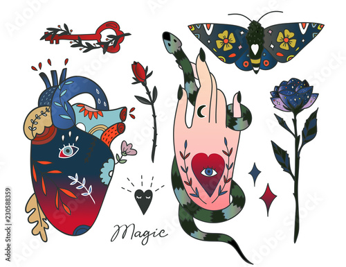 Hand drawn various magic objects. Traditional tattoo style. Colored graphic vector set. All elements are isolated