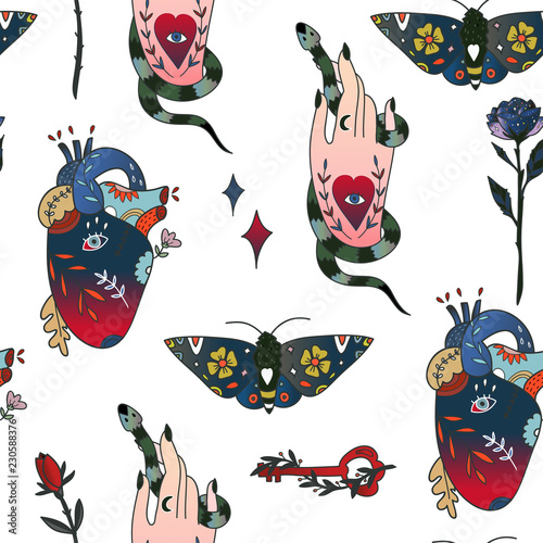 Hand drawn various magic objects. Traditional tattoo style. Colored vector seamless pattern