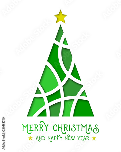 Abstract green christmas tree in paper cut design. Merry Christmas concept.