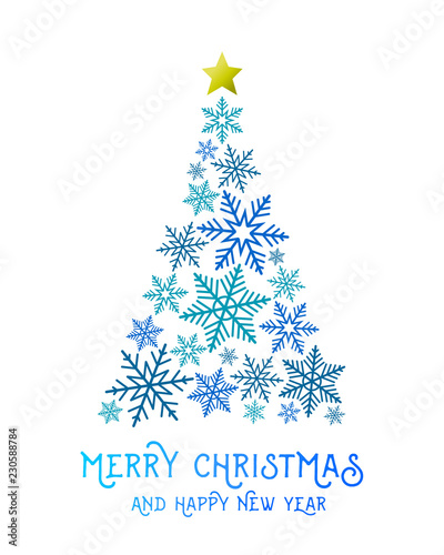 Christmas tree made of blue snowflakes with golden star on top of it. Abstract Merry Christmas and Happy New Year greeting card design.