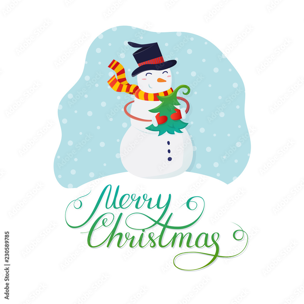 Christmas card with cute snowman and inscription merry christmas Christmas card with cute snowman and inscription merry christmas