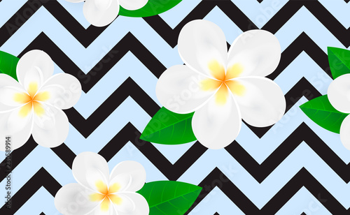 Zigzag seamless pattern with white flowers of plumeria. Tropical template. Vector illustration