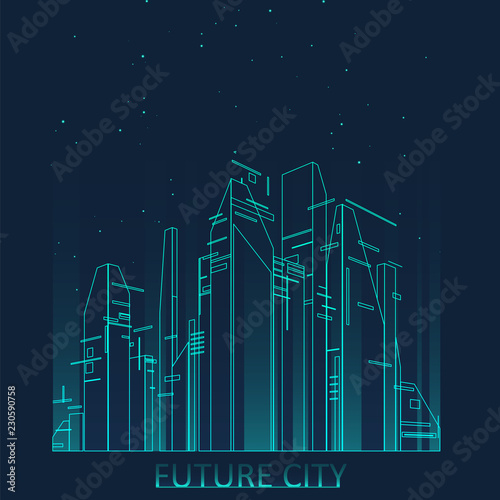 Future city skyline illustration. Graphic concept for your design, linear style.